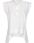 Zayla Blouse in Off White, elegant sleeveless blouse with an asymmetrical hem and shirt collar.