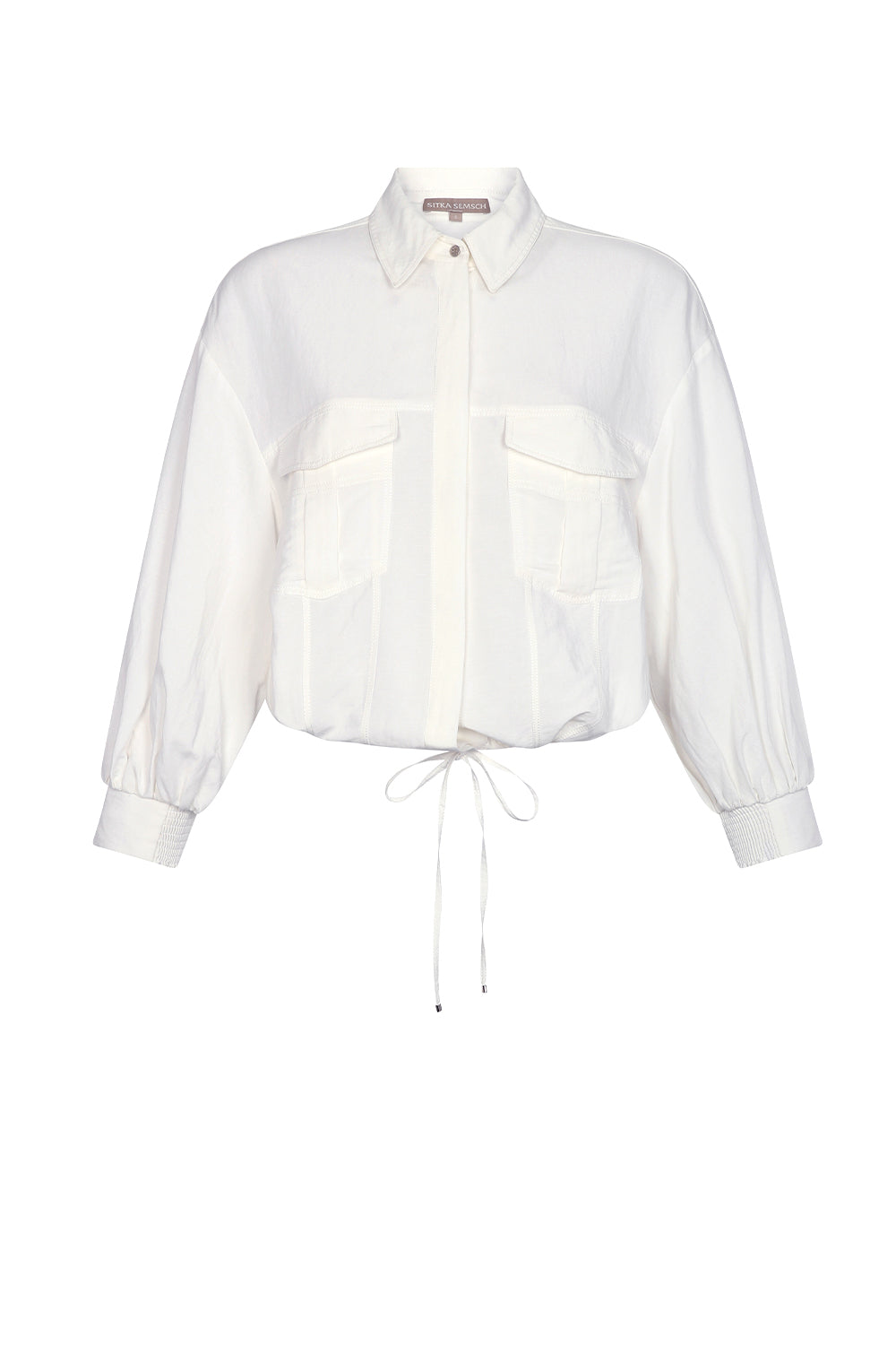 Zayla Jacket in Off White, refined elegance with front patch pockets and button closure.