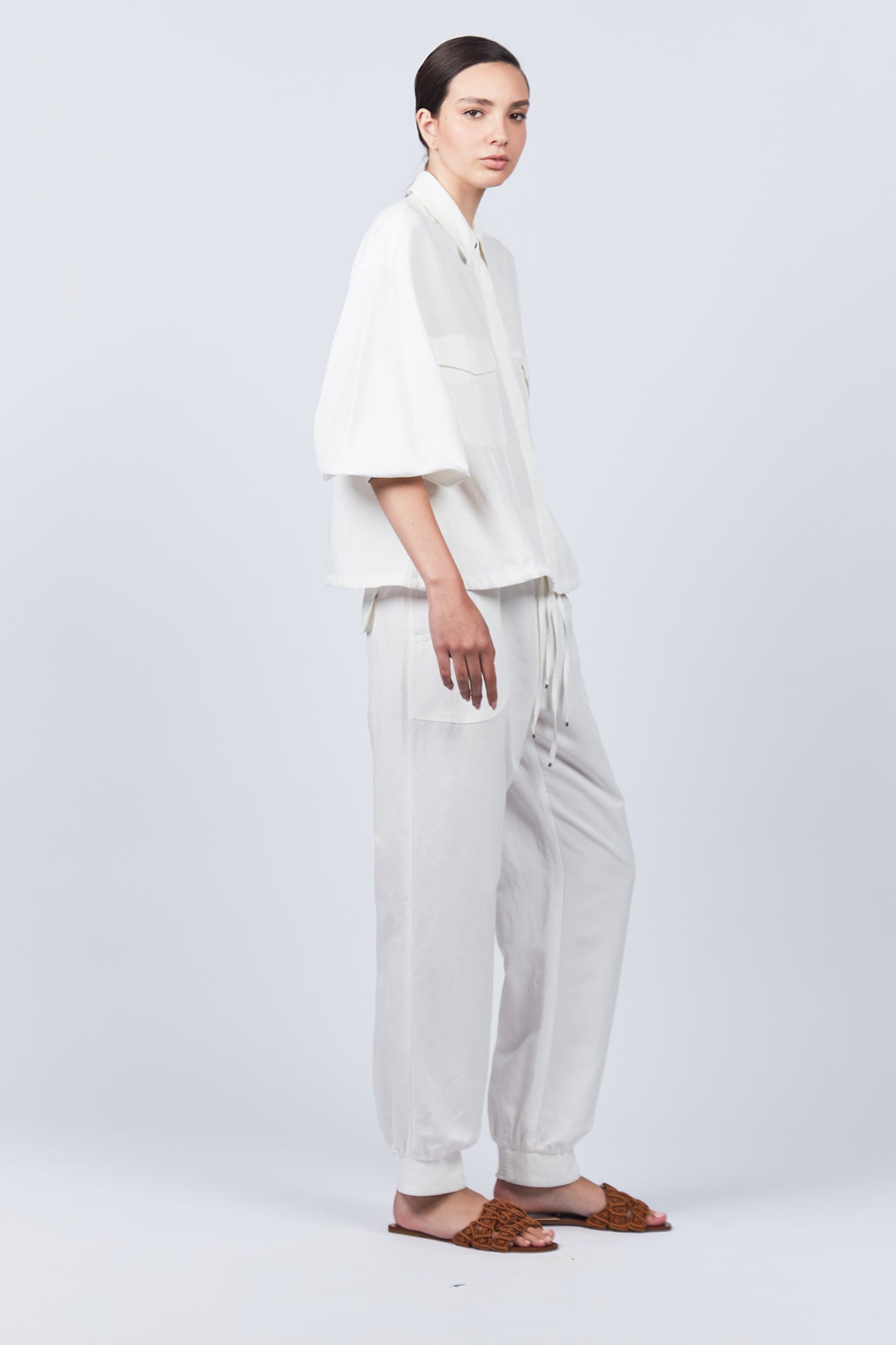 Zayla Pant in Off White, casual-chic joggers with a relaxed fit and adjustable drawstrings.